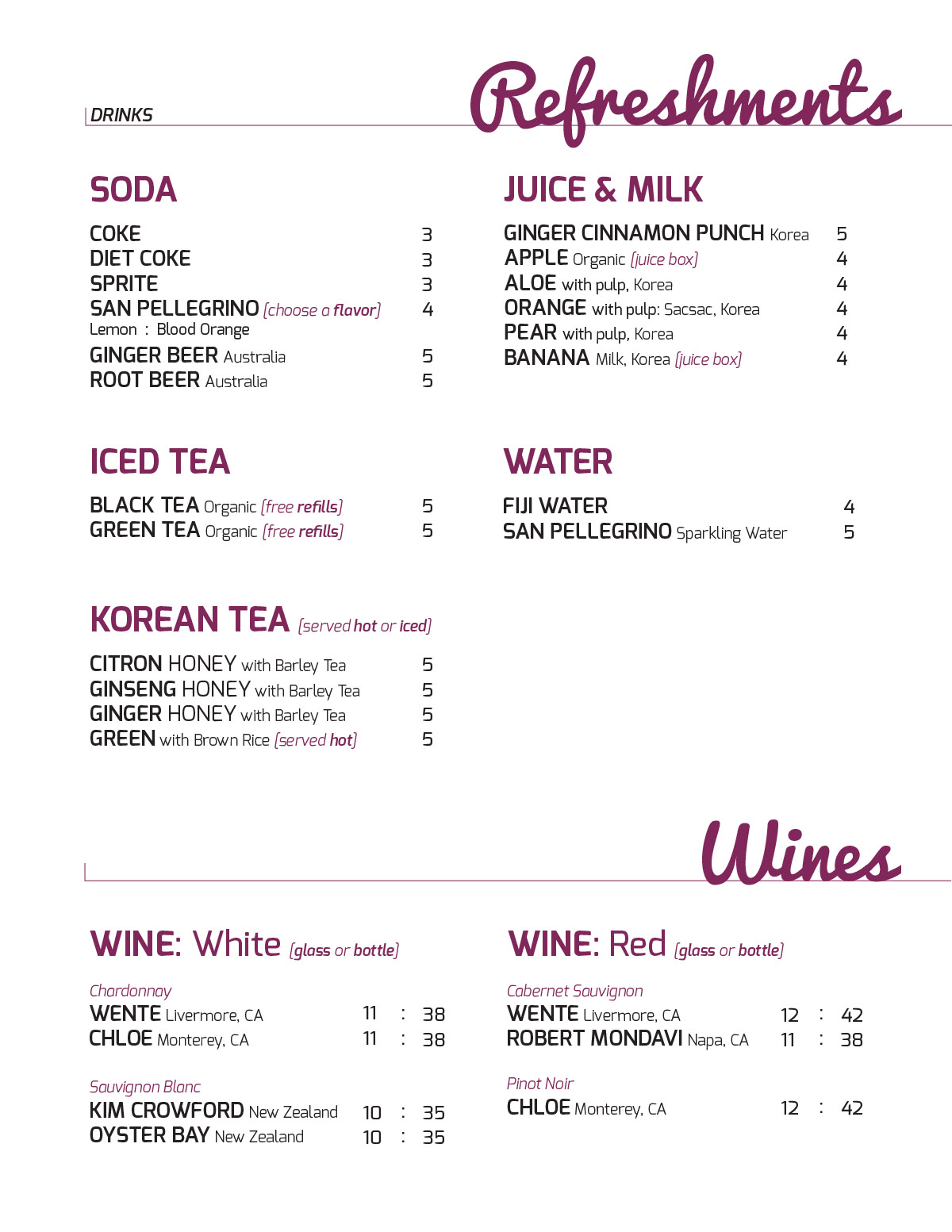 Drink Menu - Refreshments